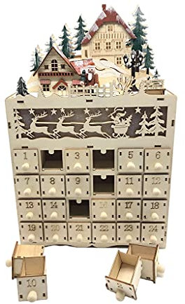 SM SunniMix Weihnachts-Adventskalender aus Holz mit LED-Licht 24 Schubladen Weihnachts-Kalender Geschenk für Kinder