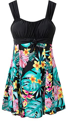 Wantdo Femme Maillot de Bain 1 Pièce Jupette Grande Taille Amincissante Slim Cache Ventre Push Up Elégant Plage Floral Robe Tankini Gloire du Matin 56-58