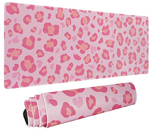 Pink Leopard Gaming Mouse Pad for Desk, Kawaii Extended Large Print Mousepad XL, Cute Cheetah Mouse Mat, Long Big Pad, Leopard Decor Accessories, 31.5 X 11.8 Inch