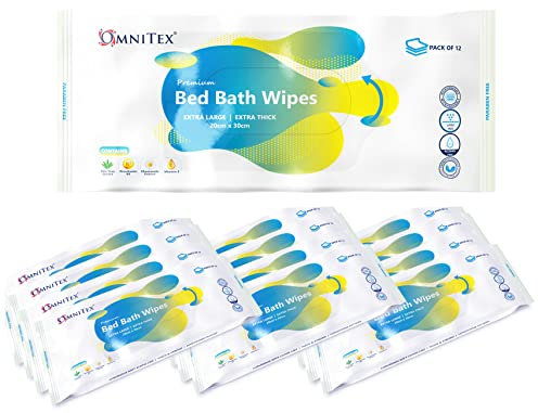 Omnitex Lingettes de bain extra épaisses de qualité supérieure Passe au microondes Extra large Nettoyage du corps sans rinçage pour personnes âgées Aloe vera et vitamines Nettoie et