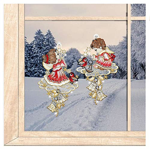 2er Set Winter-Fensterbilder Engelpaar mit Vögelchen - zauberhafte Fensterdekoration aus Plauener Spitze 14 x 24 cm
