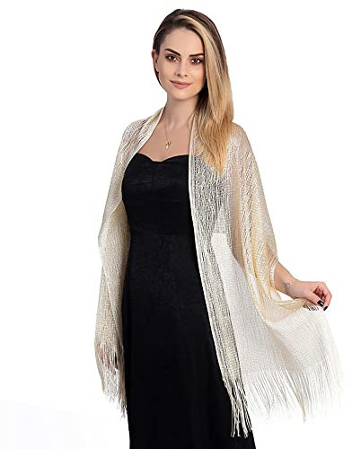 TOEECY Damen Glitzer Stola Schal Funkelnde Metallische Tücher Wickel mit Schalschnalle Elegante Weich Umschlagtuch mit Fransen für Hochzeit Brautjungfer Abendkleid Party Abschlussball (Champagnergold)