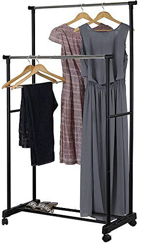 Drumm Portant à vêtements, Portant Hauteur et Largeur Réglables avec Roulettes,Penderie Double sur Roulettes Vestiaire Mobile avec 2 Barres de Hauteur Réglable et Une Tablette de Rangement