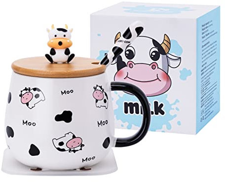SHENDONG Tasse à café en forme de vache mignonne avec joli couvercle, dessous de verre et cuillère kawaii - Cadeau d'anniversaire pour femme, amoureux des vaches, filles et enfants