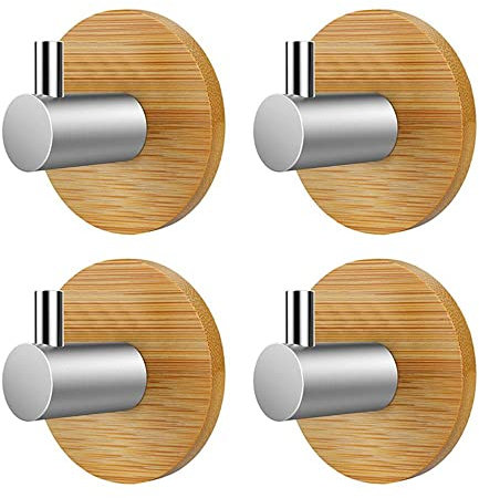 VOANZO 4PCS Bamboo Towel Rail Wooden Stainless Steel Towel Holder Self-Adhesive Towel Hooks for Bathroom Kitchen Living Room Office