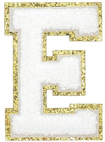 GYGYL 3PCS Chenille Varsity Glitters Letters Patch, Iron on Large Size Letter Patches for Team Costume Decoration, Height 4-1/2In, Letter E