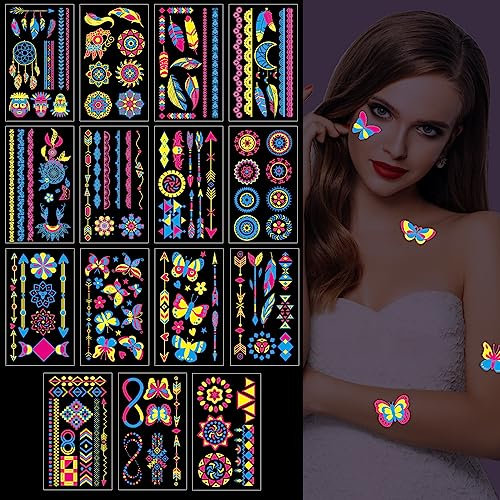 SPOKKI 15 Blätt Festival Tattoos, Wasserdicht Temporäre Tattoos, UV Painting Tattoo Aufkleber für Frauen Männer Body Art, Glitzer Tattoos Aufkleber Neon Party Festival Zubehör Must Haves