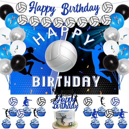 Volleyball-Party-Dekorationen, 38 Stück Sport Themed Birthday Party Supplies Happy Birthday Banner Volleyball Backdrop Banner Kuchen Topper Bunting Hanging Banner Folie Ballons Baby Shower Decor