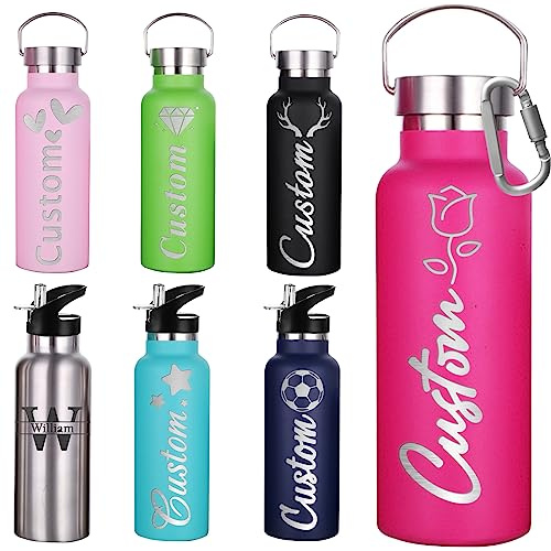 Aolun Personalised Water Bottles Custom Sports Water Bottles With Logo Name Engraved insulated water Flask with straw With Cover For Women Men (750ml/350ml)