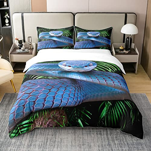 Schlange 100% Gewaschene Baumwolle Bettbezug 135x200,3D Python Tröster Abdeckung,Palm Leaf Bettwäsche Set,Reptil Tropical Theme Steppdeckenbezug für Kinder Jungen Mädchen Teens Wohnzimmer Dekorative