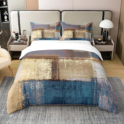 Homewish Juego de funda de edredón 100% algodón lavado marrón abstracto Super King, juego de ropa de cama azul marino degradado, funda de edredón de tinta fluida grunge, juegos de cama de pintura al