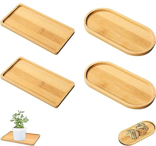 4 Pièces Plat En Bambou Rectangulaire Et Ovale - Plateaux Décoratifs De Service, Sous Verre, Plateau De Cuisine Pour Nourriture, Tasses, Bijoux, Pots De Fleurs, Café