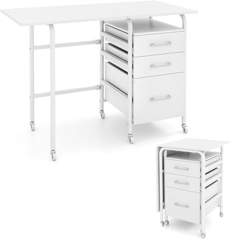 COSTWAY Scrivania Salvaspazio con 3 Cassetti e Ruote Bloccabili, Scrivania Porta PC Pieghevole con Struttura in Metallo per Studio e Ufficio, 105 x 51 x 74 cm (Bianco)