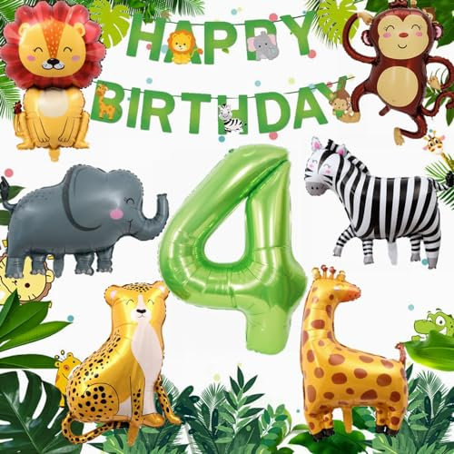 Yunchu Online Deko 4. Geburtstag Dschungel Dekoration für Junge Mädchen - Tiere Folienballons Luftballons 4 Jahr Geburtstag
