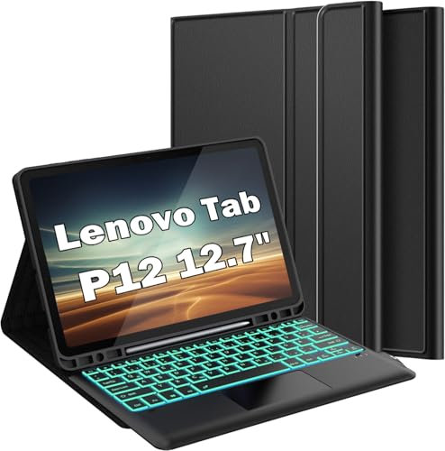 Wineecy Beleuchtete Tastatur Hülle für Lenovo Tab P12 12.7 Zoll Tablet 2023, Magnetisch Abnehmbare Kabellose Bluetooth QWERTZ Tastatur mit Touchpad und PU Leder Schützhülle