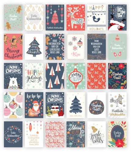 Friendly Fox Weihnachtskarten Set, 30 Weihnachtskarten, A6 Karte Weihnachten, Weihnachtspost, Grußkarten Weihnachten Postkarten
