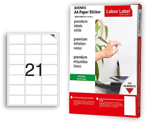 100 Blatt, 63mm x 38 mm, 21 pro A4 Bogen, 2100 Stück, selbstklebend, bedruckbar, matt, blanko Papier Klebeetiketten Aufkleber, weiß
