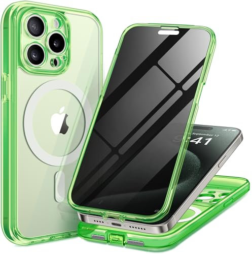 TIESZEN for iPhone 15 Pro Case Magnetic, [Compatible with Magsafe], Built-in Privacy Screen Protector & Upgraded Camera Protection, Anti Spy Full Body Hard Phone Case for 15 Pro 6.1'', Bright Green