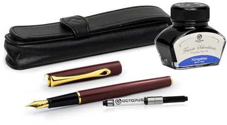 Diplomat Traveller Dark Red Gold Füllhalter-Set, Füllhalter aus Metall im Set mit Stiftetui aus Leder, Schreibtinte in Königsblau und Tintenkonverter, Füller mit Edelstahlfeder Stärke M