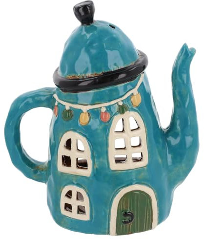 Shudehill Giftware Village Pottery Ceramic Tealight Holder Teapot House - Green or Blue (Blue)