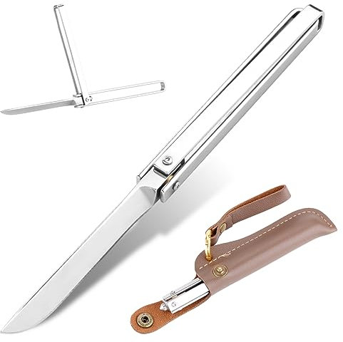 LUXHEIM Klappmesser Edelstahl mit Lederscheide, Taschenmesser mit Glasbrecher, Slim EDC Messer Einhandmesser Zweihandmesser Überlebensmesser Faltmesser für Outdoor Camping Alltag