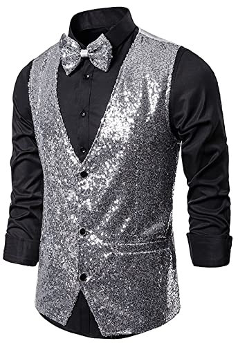 Chdirnely Herren Weste Pailletten Jacken für Männer Glitzer Weste Pailletten Kleid Anzug Weste V Ausschnitt Sparkly Weste für Party Club Urlaub Halloween, silber, XXL