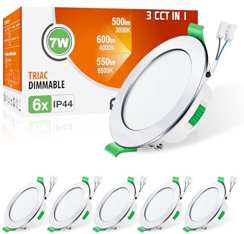 ALUSSO Einbaustrahler LED Spots 230V Dimmbar Deckenspots 68mm Ultra Flach 7W IP44 Warmweiß Neutralweiß Kaltweiß Einbauleuchten für Badezimmer Wohnzimmer, Chrom, 6er Set