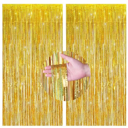CC wonderland zone Silvester Gold Glitzer Lametta Vorhänge(1m x 2.5m),2 Stück Metallic Folienvorhänge Tinsel Curtain für Party Dekoration