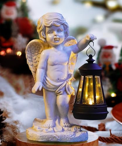 Yeomoo Angel Figuren mit Solarlampen Gartendeko für Draußen - Engel Figur Geschenke für Frauen Mama Männer Solar Deko für Außen Little Angel Figuren für Garten Balkon Wetterfest Deko Wohnzimmer Weiß