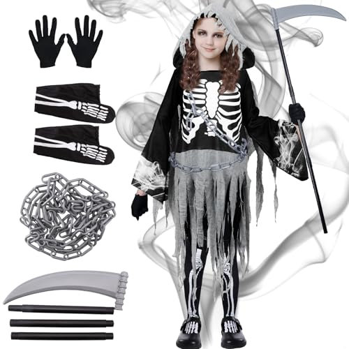 Kitimi Costume da Morte per Bambina, Costumi da Mietitore Ragazza di Halloween, Mantello con Cappuccio, Guanti e Collant Stampati, Catena in Vita e Falce Giocattolo, Abito da Grim Reaper Costume L