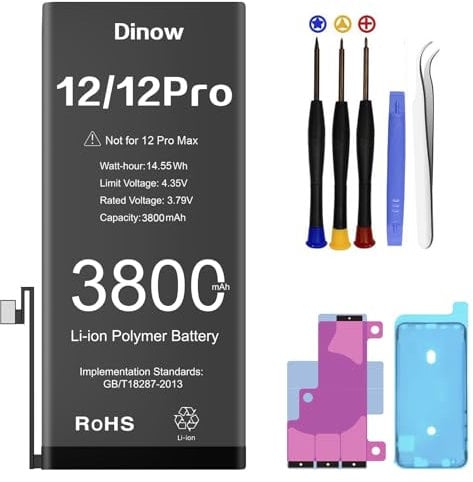 Dinow Batteria per iPhone 12/12 Pro, 3800mAh Batterie Sostitutive agli Li-ion di litio ad alta Capacità, per iPhone 12/iPhone 12 Pro Batteri con Kit di Strumenti di Riparazione