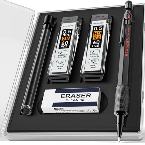STAGEEK Druckbleistifte 0,5 mit Etui, Wetterfester Metallkörper, Druckbleistift für den Außenbereich, für Künstler mit 120 HB- und 2B-Minen, Radiergummi, zum Schreiben, Zeichnen und Skizzieren