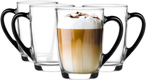 Glasmark KROSNO 1992 Kaffee Glas Kaffeeglas Mit Henkel Teeglas Becher 300 ml Glas Robust Spülmaschinenfest Hochglanz Schwarzer Henkel, Schwarz, Durchsichtig