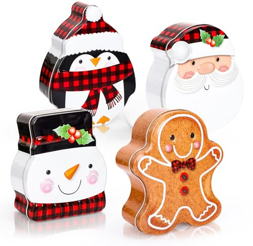 Whaline 4Pcs Christmas Plaid Cookie Tins with Lids Xmas Cartoon Metal Treat Tin Containers Santa Snowman Penguin Gingerbread Man Tin Boxes for Party Card Gift Giving