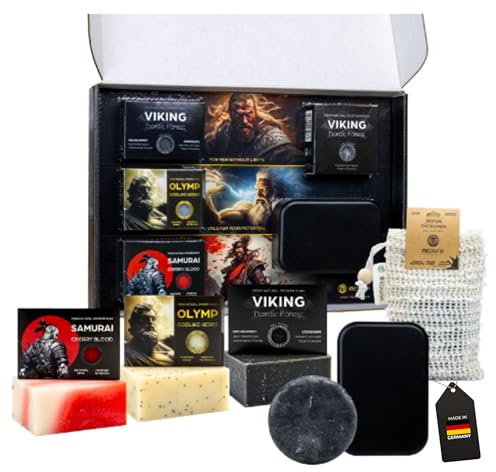 MEDUNA Mega Seifen Bundle 3 x 100g feste Naturseife + festes Shampoo + Aufbewahrung - Handmade Soap - Pflegeseife - Körperseife für alle Hauttypen - Geschenk Männerpflege Set - Made in Germany