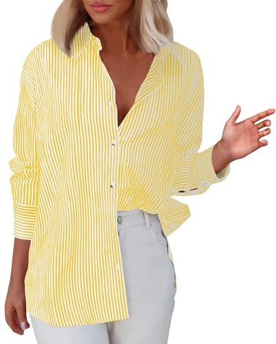 Chemisier Femme Chic Et éLégant, Chemise Femme Rayée Boutonnée Col Montant Chemise Ample DéContractée à Manches Longues avec Poches Haut De Chemise De Travail Classique, Jaune, M