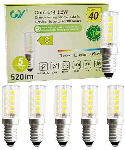 GY E14 LED Corn Light Bulb 3.2W Fridge High Energy Efficiency(40W Equivalent),Cool White 6500K,520LM,Non-dimmable Small Screw Lamps for Home Refrigerator/Cooker Hood/Night Light, 5 Pack