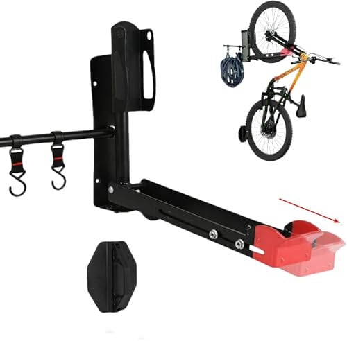 Benustra Schwenkbare Fahrrad-Wandhalterung, Garagen-Fahrradträger, Wandhalterung, vertikale Fahrrad-Wandaufhänger, dehnbar mit zwei Aufbewahrungshaken, Fahrradaufhänger für Garage, platzsparende