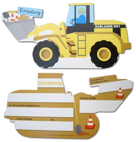 DH-Konzept Baustelle Kindergeburtstag Einladungskarten Bagger Design - 12 Einladungen aus Karton, Radlader Motiv, Texte in deutsch, 18 x 9 cm, 2 x 6 Stück