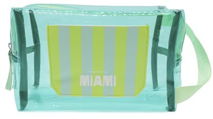 PONETTE - Neceser de Mujer Grande Transparente Impermeable Turquesa Bolsillo Exterior de Rayas Cremallera y Asa a Tono, Ideal Playa, Piscina, Viaje, Impermeable, Marca Española