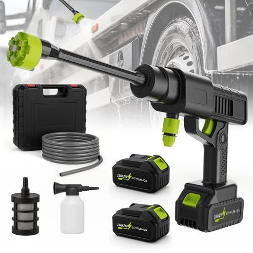 Nettoyeur Haute Pression sans Fil, Nettoyeur Haute Pression avec 2 Batteries, Nettoyeur Haute Pression Batterie Portable avec Buse 6 en 1, Tuyau 5m, Pot en Mousse pour Voiture, Terrasse, Pelouse