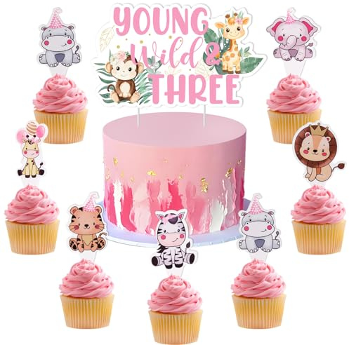 kreat4joy Kuchendekoration für junge Wildtiere und drei Kuchen, rosa Safari zum 3. Geburtstag, Jungle Wild und Drei, 24 Stück, Dschungelsafari-Tier-Cupcake-Topper für Mädchen, 3 Jahre alt,