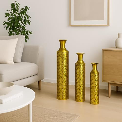Leeadee 3er Set große Bodenvasen aus Metall – Dekorative hohe Vasen in Gold (76/62/50 cm) – Edle Wohnaccessoires für stilvolle Raumgestaltung