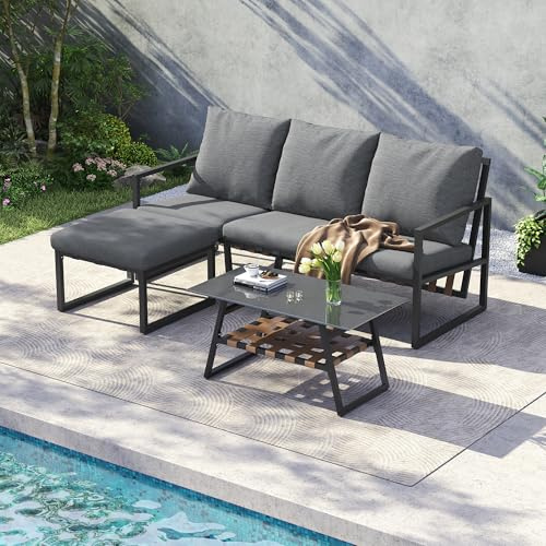 MURUL Set di mobili da giardino, set angolare, divano + tavolino + poggiapiedi, tubo in acciaio zincato, piano in vetro, piscine e altri ambienti esterni, adatto per giardini (grigio)