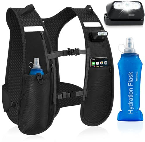 Nextyu Laufweste Damen und Herren, Leicht Trinkweste mit Trinkflasche Soft 500ml & LED-Licht, Atmungsaktive Trinkrucksack Verstellbare Brustgurte für Trailrunning Wandern Marathon Laufen Joggen