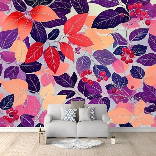 Fototapete 250 x 175 cm (B x H) Vintage 3D Effekt Hochwertige XXL Moderne Wanddeko Tapete, Vlies Tapete Wandbild für Wohnzimmer Schlafzimmer Büro, Abstrakte Linienkunst Blätter Beeren