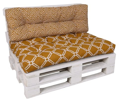 GO-DE Textil Bequeme und attraktive Polsterauflagen für Paletten-Loungen (2-teilig, für eine komplette Palettenlounge, Quadrate Senf, Palettenkissen mit Schaumflockenfüllung)