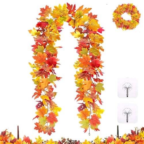 Herbst Girlande Ahornblätter 175cm Herbstblätter Girlande Herbstgirlande Künstlich Herbstdeko Outdoor Blättergirlande Herbst Dekoration Aesthetic für Drinnen und Draußen Erntedankfest Tisch Tür