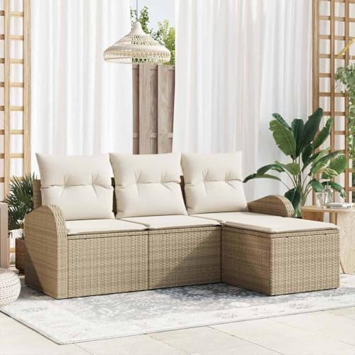 Qnhdfrt Outdoor Wohnlandschaft Sofa Set 4 teilig Beige Poly Rattan Gartenmöbel Lounge Set mit Kissen für Balkon Terrasse und Garten