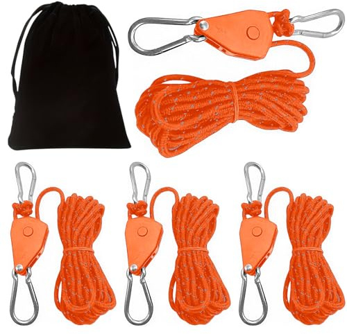 4Stk 4mm Abspannseile mit Seilspanner, 4m Verstellbarer Seil Ratsche Kleiderbügel Aufhänger Reflektierend Abspannseile Camping Flaschenzug mit Seilbremse Winddichtes Outdoor Seil, Orange